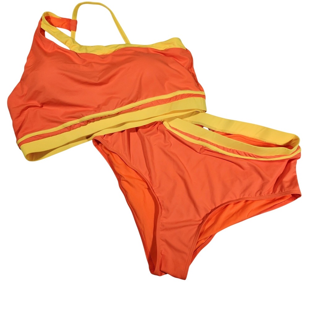 Aqua Eve Bikini Set Women 18W Orange Yellow One Shoulder High Waist Swimsuit